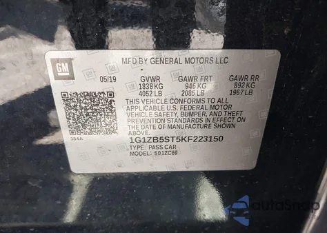 2019 Chevrolet Malibu 1Ls z USA, uszkodzony, nr VIN 1G1ZB5ST5KF223150